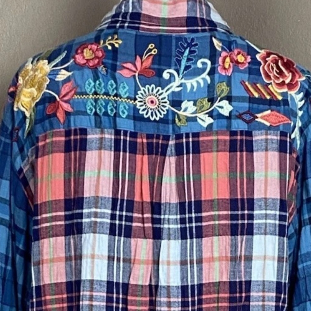 Johnny Was Pink and Blue Plaid Embroidered Eliona snap Button-Up Top - Picture 7 of 16